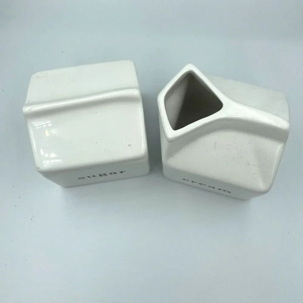 Crate & Barrel Farmhouse Sugar Bowl/Creamer White Ceramic Black Typewriter Text